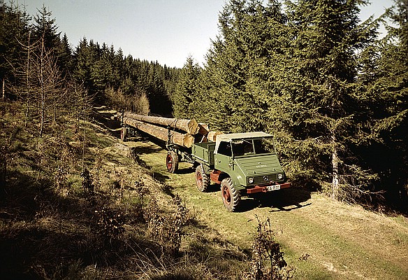 Unimog 411 mit Langholzanhänger